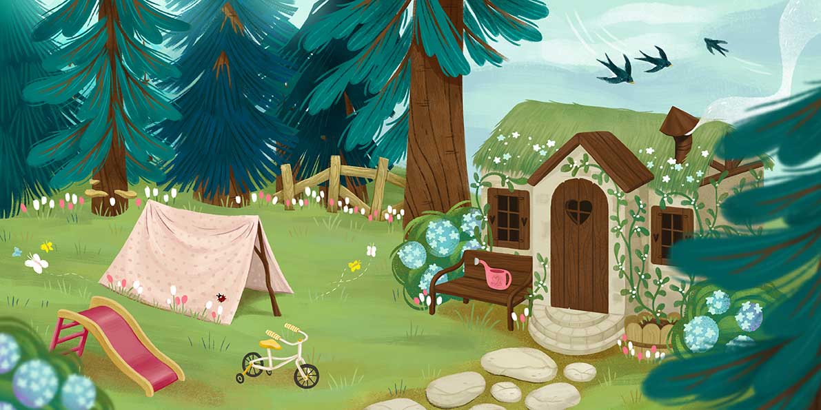 illustrazione con casetta nel bosco e giocattoli